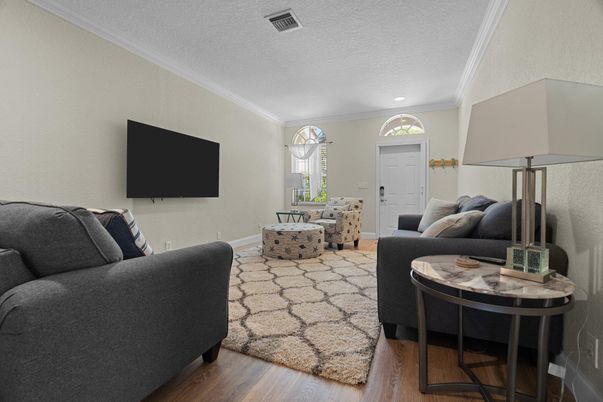 Interior, Living room, Recessed Lighting, Wood Texture Flooring