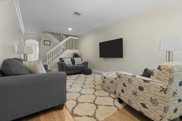 Interior, Living room, Recessed Lighting, Wood Texture Flooring