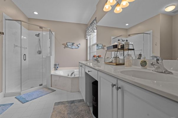 Bathroom, Dual Sink Vanities, Glass Shower, Interior, Recessed Lighting