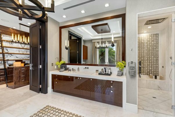 Bathroom, Dual Sink Vanities, Glass Shower, Interior, Marble, Pendant Lights, Recessed Lighting