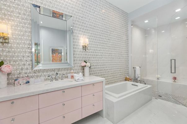 Bathroom, Glass Shower, Interior, Marble Walls, Recessed Lighting