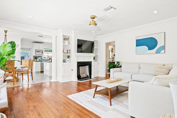 Dining room, Fireplace, Interior, Kitchen, Living room, Recessed Lighting, Wood Texture Flooring