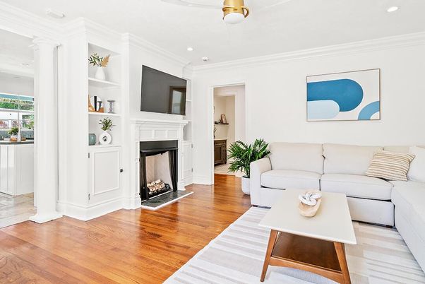 Fireplace, Interior, Living room, Recessed Lighting, Wood Texture Flooring