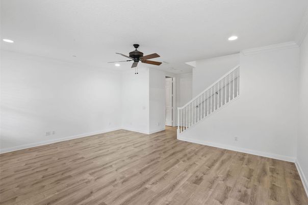 Empty room, Interior, Recessed Lighting, Wood Texture Flooring