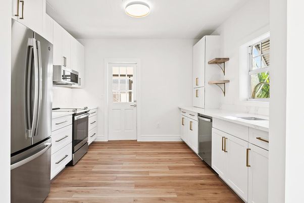Interior, Kitchen, Stainless Steel Appliances, Wood Texture Flooring