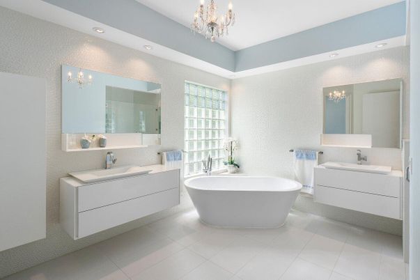 Bathroom, Chandelier, Dual Sink Vanities, Free Standing Baths, Interior, Recessed Lighting