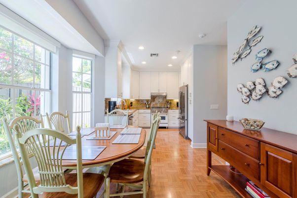 Dining room, Interior, Kitchen, Recessed Lighting, Stainless Steel Appliances, Wood Texture Flooring