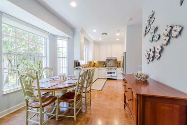 Dining room, Interior, Kitchen, Recessed Lighting, Stainless Steel Appliances, Wood Texture Flooring