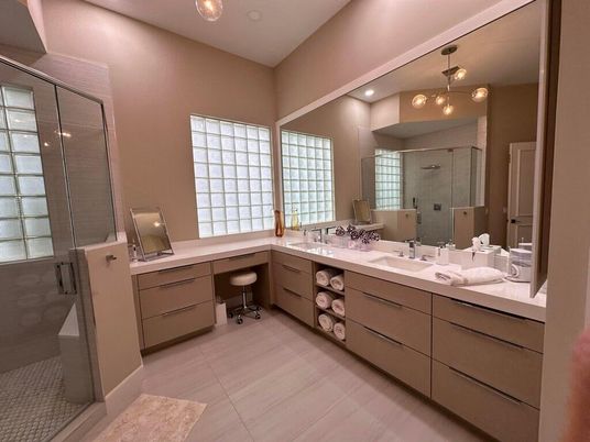 Bathroom, Dual Sink Vanities, Glass Shower, Interior, Recessed Lighting