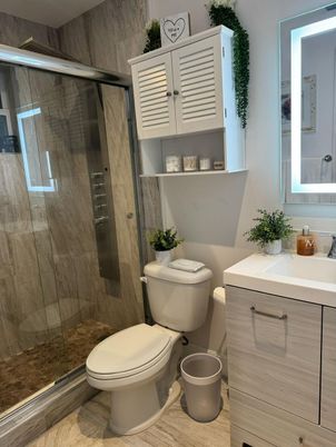 Bathroom, Glass Shower, Interior, Wood Texture Flooring