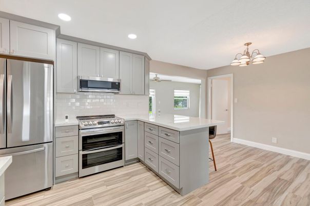 Interior, Kitchen, Recessed Lighting, Stainless Steel Appliances, Wood Texture Flooring