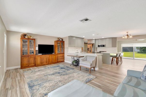 Interior, Kitchen, Living room, Recessed Lighting, Stainless Steel Appliances, Wood Texture Flooring
