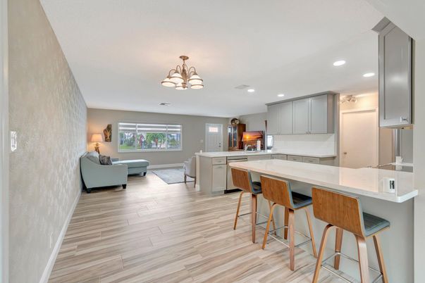 Chandelier, Interior, Kitchen, Living room, Recessed Lighting, Wood Texture Flooring