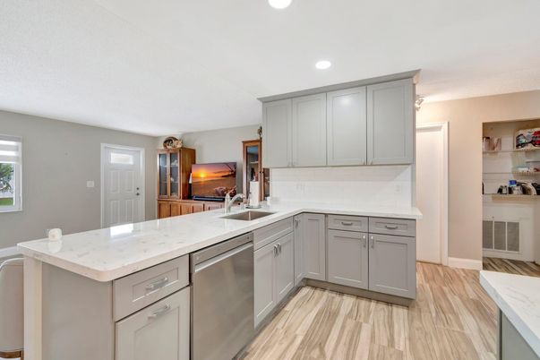 Interior, Kitchen, Recessed Lighting, Stainless Steel Appliances, Wood Texture Flooring