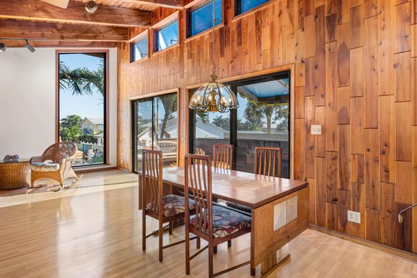 Chandelier, Dining room, Interior, Pendant Lights, Wooden Beams, Wooden Ceilings, Wood Texture Flooring, Wooden Walls