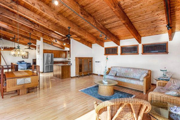 Dining room, Interior, Kitchen, Living room, Pendant Lights, Stainless Steel Appliances, Wooden Beams, Wooden Ceilings, Wood Texture Flooring