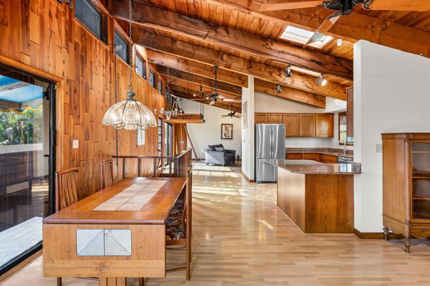 Interior, Kitchen, Pendant Lights, Stainless Steel Appliances, Wooden Beams, Wooden Ceilings, Wood Texture Flooring, Wooden Walls