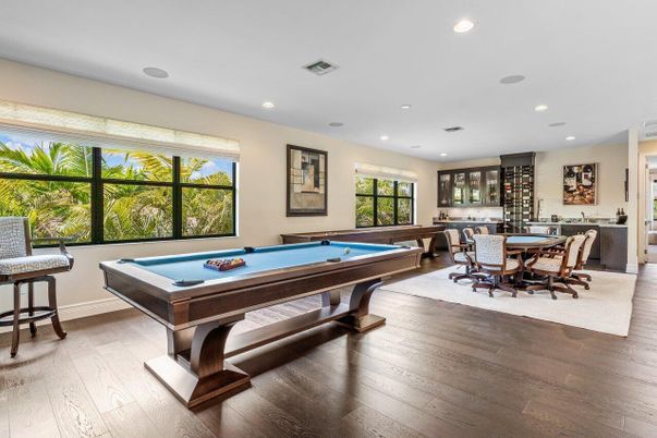 Billiard Table, Game Room, Interior, Recessed Lighting, Wood Texture Flooring