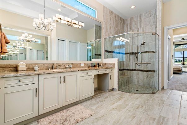 Bathroom, Chandelier, Dual Sink Vanities, Glass Shower, Interior, Recessed Lighting