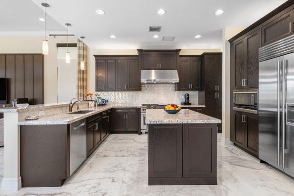 Interior, Kitchen, Marble, Pendant Lights, Recessed Lighting, Stainless Steel Appliances