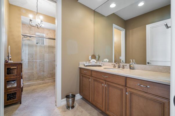 Bathroom, Chandelier, Glass Shower, Interior, Recessed Lighting