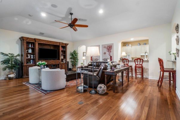 Dining room, Interior, Living room, Recessed Lighting, Wood Texture Flooring