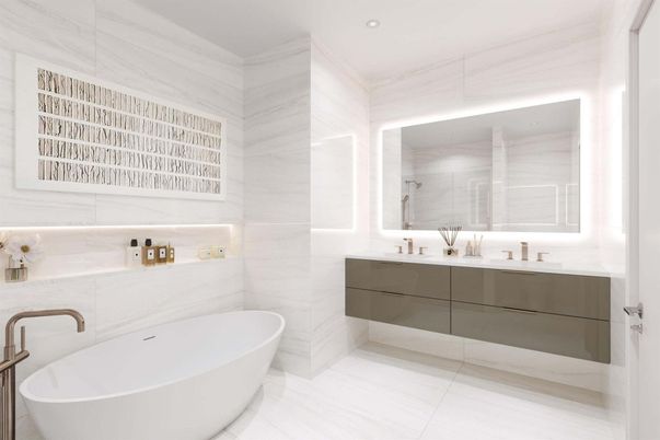 Bathroom, Dual Sink Vanities, Free Standing Baths, Interior, Marble Walls, Recessed Lighting
