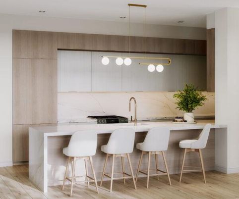 Interior, Kitchen, Marble Walls, Pendant Lights, Recessed Lighting, Wood Texture Flooring