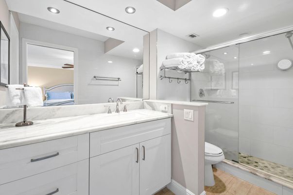 Bathroom, Glass Shower, Interior, Recessed Lighting, Wood Texture Flooring