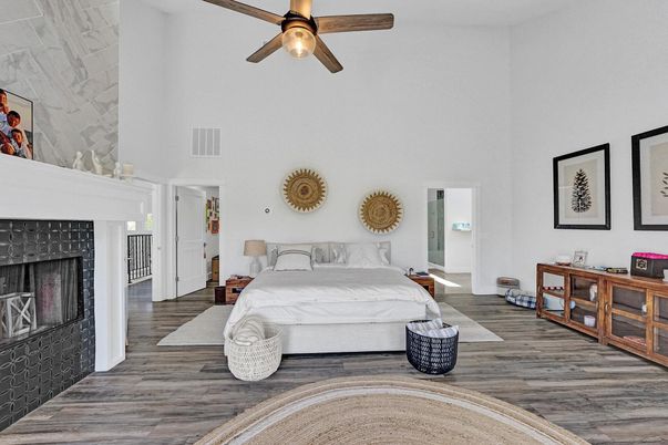Bedroom, Fireplace, Interior, Wood Texture Flooring
