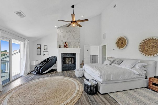 Bedroom, Fireplace, Interior, Recessed Lighting, Wood Texture Flooring