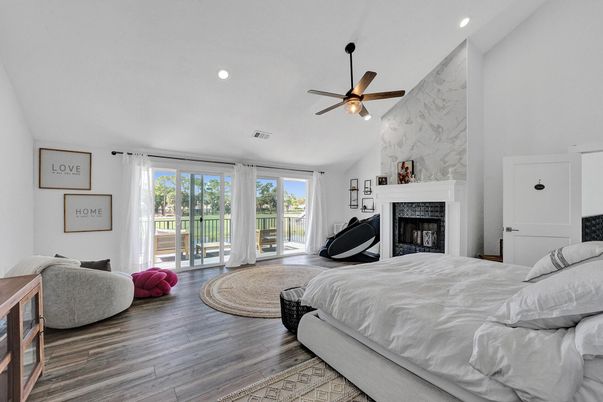 Bedroom, Fireplace, Interior, Marble Walls, Recessed Lighting, Wood Texture Flooring