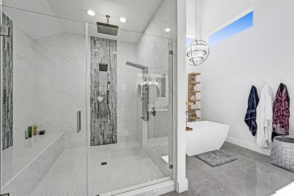Bathroom, Free Standing Baths, Glass Shower, Interior, Marble Walls, Pendant Lights, Recessed Lighting