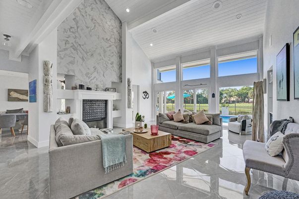 Fireplace, Interior, Living room, Marble Walls, Recessed Lighting