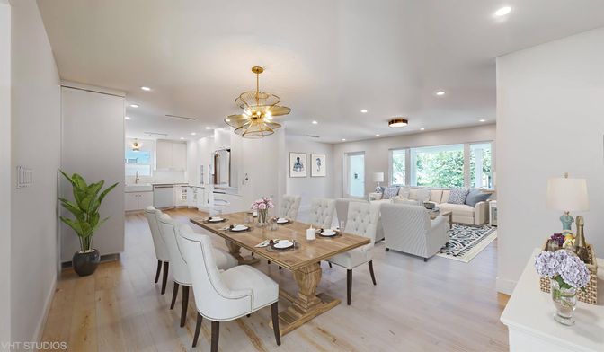 Dining room, Interior, Living room, Pendant Lights, Recessed Lighting, Wood Texture Flooring