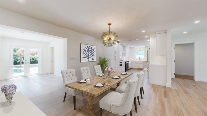 Dining room, Interior, Kitchen, Pendant Lights, Recessed Lighting, Wood Texture Flooring