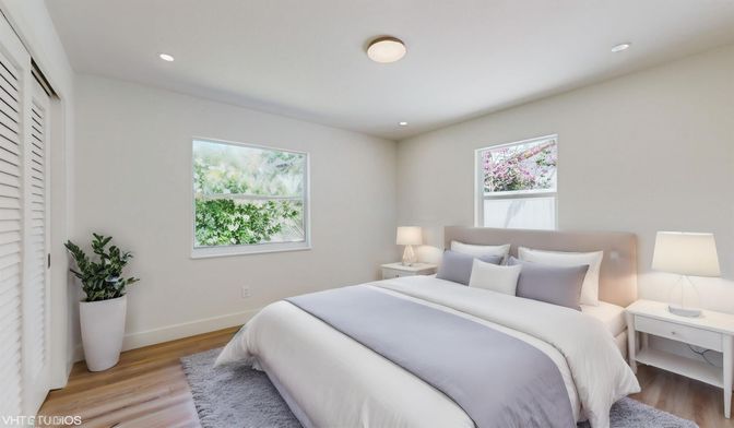 Bedroom, Interior, Recessed Lighting, Wood Texture Flooring