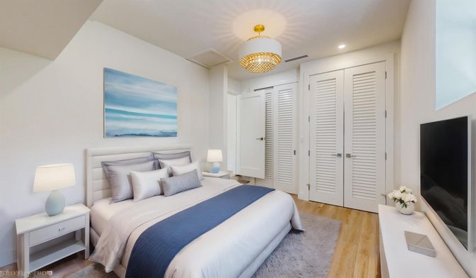 Bedroom, Chandelier, Interior, Recessed Lighting, Wood Texture Flooring