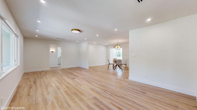 Chandelier, Dining room, Empty room, Interior, Recessed Lighting, Wood Texture Flooring