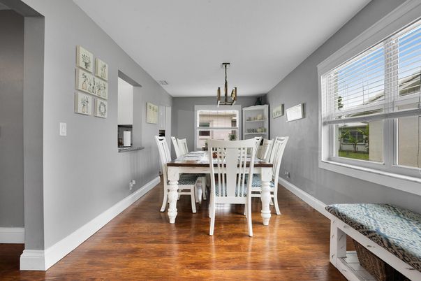 Dining room, Interior, Pendant Lights, Wood Texture Flooring
