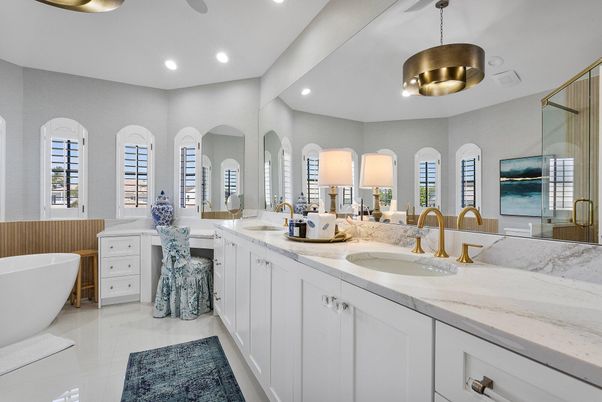 Bathroom, Dual Sink Vanities, Free Standing Baths, Glass Shower, Interior, Pendant Lights, Recessed Lighting