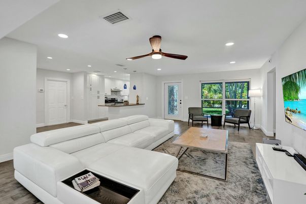 Interior, Kitchen, Living room, Recessed Lighting, Stainless Steel Appliances, Wood Texture Flooring