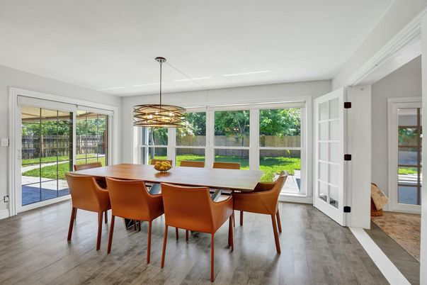 Dining room, Interior, Pendant Lights, Wood Texture Flooring