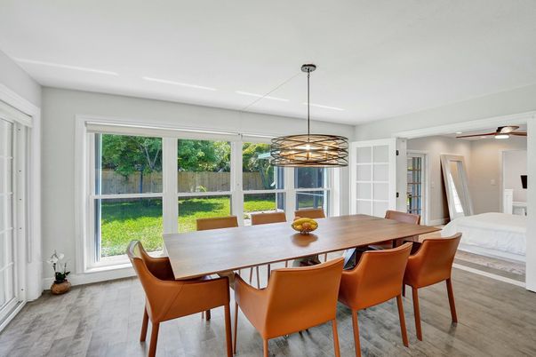 Dining room, Interior, Pendant Lights, Wood Texture Flooring
