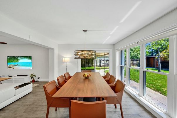 Dining room, Interior, Pendant Lights, Wood Texture Flooring