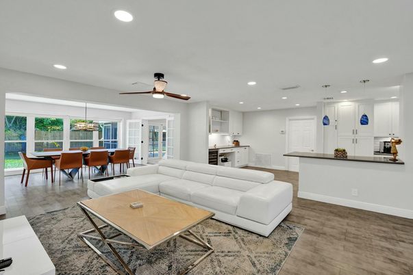 Dining room, Interior, Kitchen, Living room, Pendant Lights, Recessed Lighting, Wood Texture Flooring