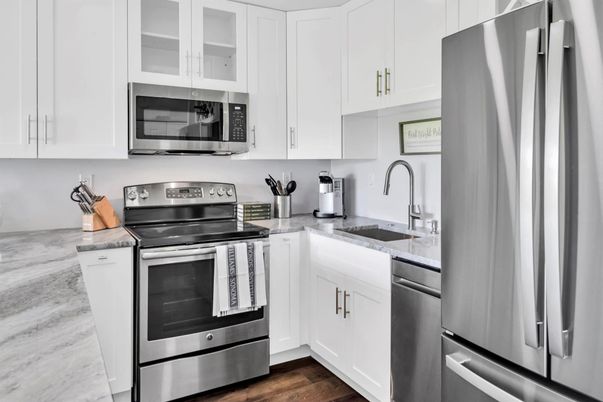 Interior, Kitchen, Stainless Steel Appliances, Wood Texture Flooring