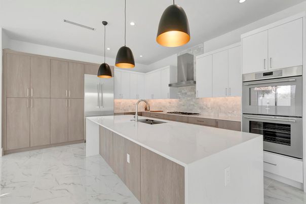 Interior, Kitchen, Marble, Pendant Lights, Recessed Lighting, Stainless Steel Appliances