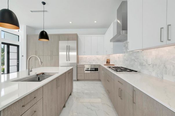 Interior, Kitchen, Marble, Pendant Lights, Recessed Lighting, Stainless Steel Appliances