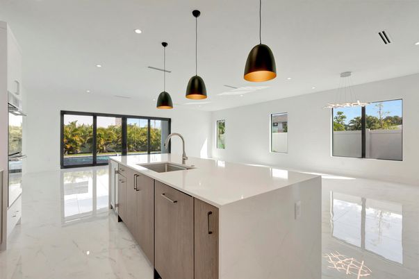 Interior, Kitchen, Marble, Pendant Lights, Recessed Lighting